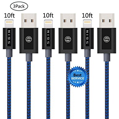iPhone Cable SGIN,3Pack 10FT Nylon Braided Cord Lightning Cable Certified to USB Charging Charger for iPhone 7,7 Plus,6S,6 Plus,SE,5S,5,iPad,iPod Nano 7 - Black Blue