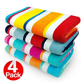 KAUFMAN - 100% Cotton Multicolor Joey Cabana Stripe Beach & Pool Towel 4-Pack - 32in x 62in