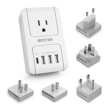 Travel Power Adapter, BESTEK Wall Charger with One 30W USB C Power Delivery (PD3.0) Port   1 AC Outlet   3 Auto 2.4A USB Ports Travel USB Charger with Worldwide Wall Plugs for US, UK, AU, EU and Asia