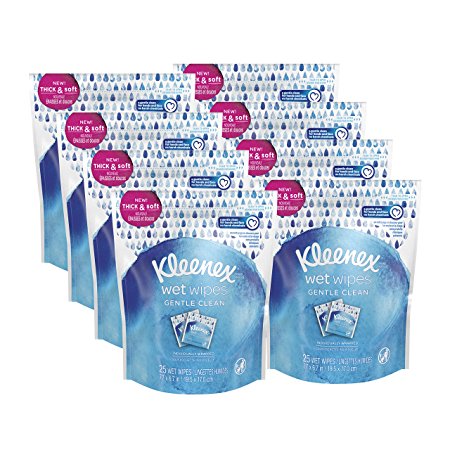 Kleenex Wet Wipes Gentle Clean for Hands and Face, Individually Wrapped, Wrapped, 8 Pack of 25 Wipes