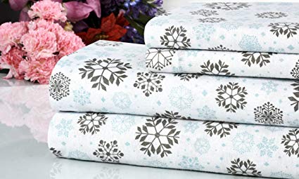 Bibb Home 100% Cotton 4 Piece Printed Flannel Sheets Set - Deep Pocket, Warm, Super Soft, Breathable Bedding (Grey Snowflakes, Twin)