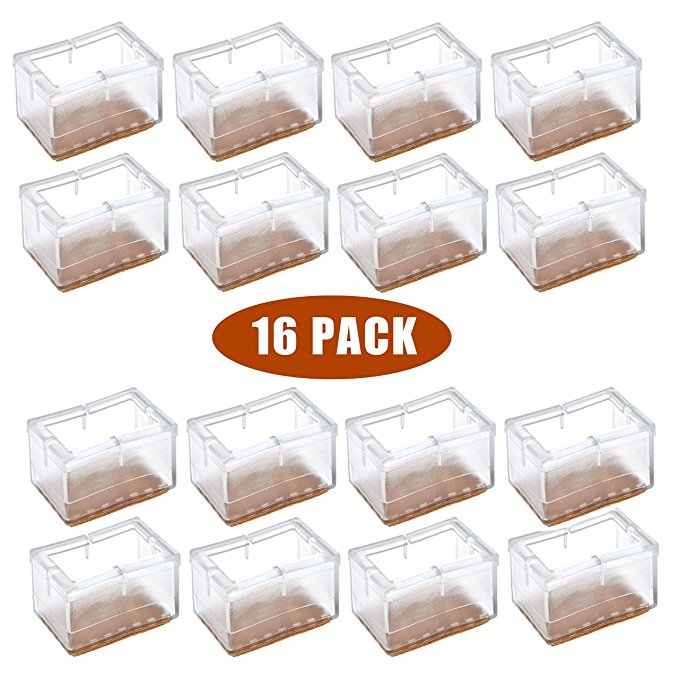Chair Leg Caps, WarmHut 16pcs Transparent Clear Silicone Table Furniture Leg Feet Tips Covers Wood Floor Protectors, Felt Pads, Prevent Scratches, (Rectangle)