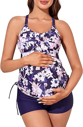 MiYang Maternity Tankini Swimsuit Criss Cross Back Bathing Suit Ruched Tie Side Pregnancy Swimwear Two Piece