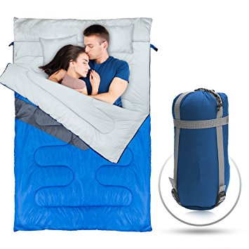 Double Sleeping Bag (Queen Size) with 2 Small Pillows – Waterproof, Comfortable & Compact for Hiking, Trekking, Camping or other Outdoor Activities – Includes a Carry Bag with Compression Sack.