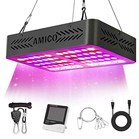 Amico 600W LED Grow Light Indoor Plant Grow Lights Full Spectrum with UV&IR for Veg and Flower with Thermometer Humidity Monitor and Adjustable Rope