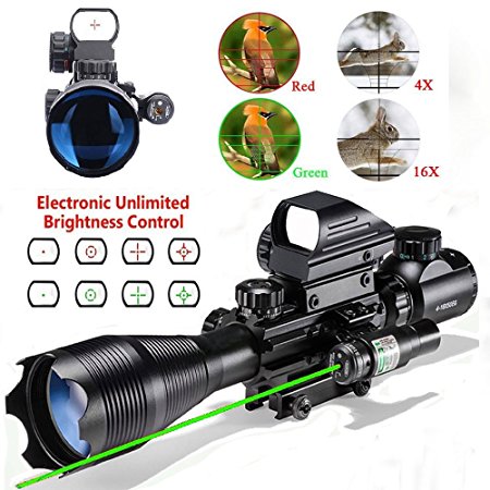 Thmeth Hunting AR15 Tactical Rifle Scope Combo C4-16x50EG with Green Laser and 4 Holographic Red & Green Dot Sight (12 Month Warranty)