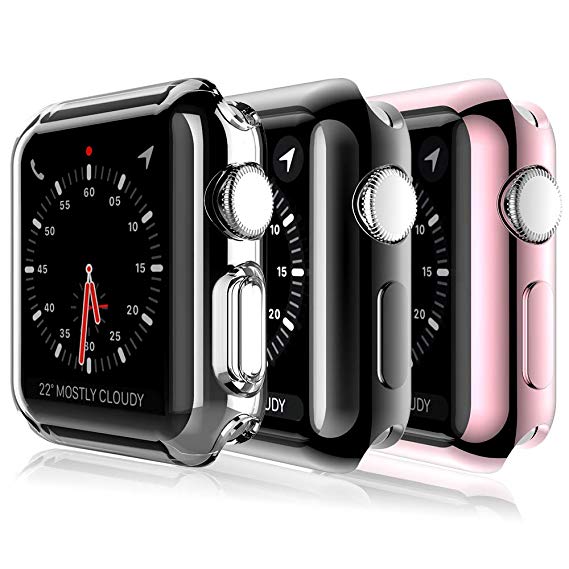 [3 Pack] L K Case for Apple Watch 38mm Series 2 3 with Built-in TPU Screen Protector iWatch All Around Protective Case HD Clear Slim Thin TPU Cover (Clear, Black, Rose Gold)