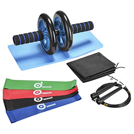 Odoland Ab Roller Wheel Set - 4 Resistance Loop Bands, Jump Rope, Knee Pad and Carry Bag, 8-In-1 Portable Fitness Home Gym Workout Ab Roller Kit for Lose Weight, Exercise Abdominal Muscles In Indoor