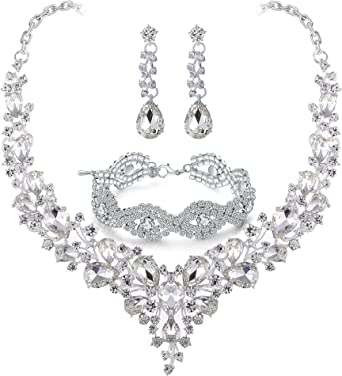 Paxuan Silver/Gold Plated Women Wedding Bridal Jewelry Set Prom Crystal Rhinestone Statement Choker Necklace Teardrop Earrings Link Bracelet Tiaras Crown Jewelry Sets for bride bridesmaid Wedding