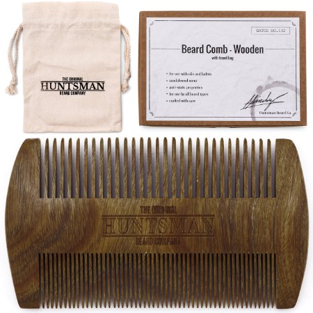 Beard Comb | Fine & Coarse Tooth | Handmade Sandalwood Beard and Moustache Brush | Presented in Huntsman Travel Bag and Gift Box