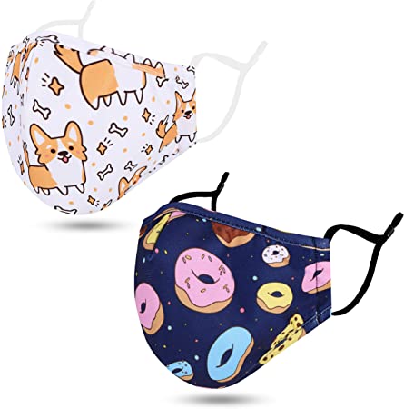 Multi Pack Childrens Cloth Face Madks Reusable Washable with Cute Print Design, Kids Face Madks with Adjustable Ear Loops and Nose Bridge, 5-12T, Dog/Dount