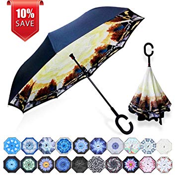 ZOMAKE Double Layer Inverted Umbrella Cars Reverse Umbrella, UV Protection Windproof Large Straight Umbrella for Car Rain Outdoor with C-Shaped Handle