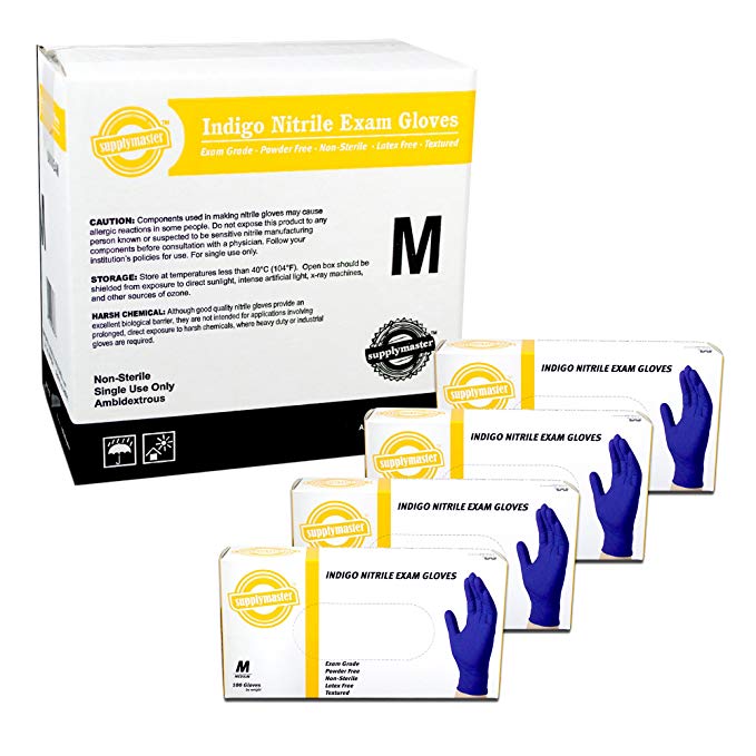 SupplyMaster - SMINE4M - Exam Nitrile Gloves - Disposable, Powder Free, Exam, 4 mil, Medium, Indigo (Pack of 400)