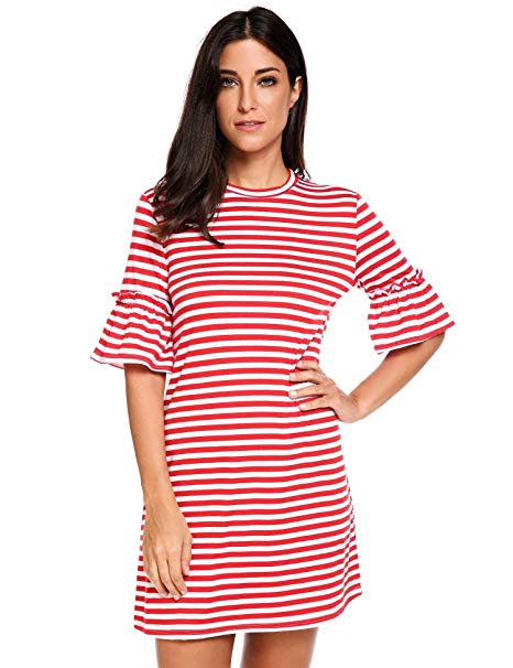 Beyove Women's Flare Half Sleeve Striped Loose Tunic T Shirt Dress Knee Length