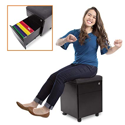 Stand Steady Vert - Rolling File Cabinet / 2 Drawer Mobile File Cabinet with Cushion Top | Small Filing Cabinet Delivers Convenient Storage, Key Lock, and an Extra Place to Sit! (Black)