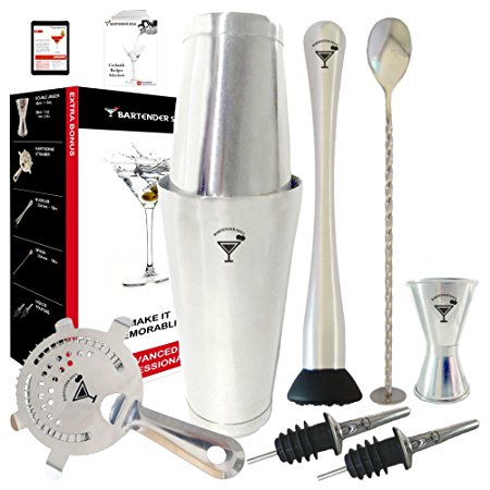Professional Boston Cocktail Set by BARTENDER SOUL - Double Weighted Bar Shaker (18oz & 28oz), Hawthorne Strainer, Jigger, Muddler, Spoon, Pourers and Recipes - 0.7mm and 18/8 304 Real Quality Steel