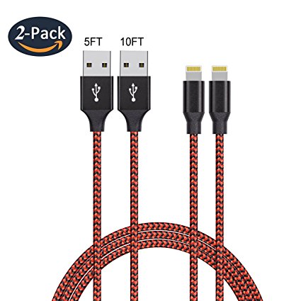Beta Lightning charging Cable/iPhone Charger Cable,USB to Lightning Cable,Durable Nylon Braided Cord for Charging or Transmission Data Pack 2 (5ft/10ft), MFi Certified for iPhone,Ipad (Red)