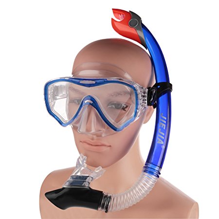 JIEJIA Diving goggles with snorkel Tempered Glass Lenses Silicone Mouthpiece Adjustable Edge Buckle