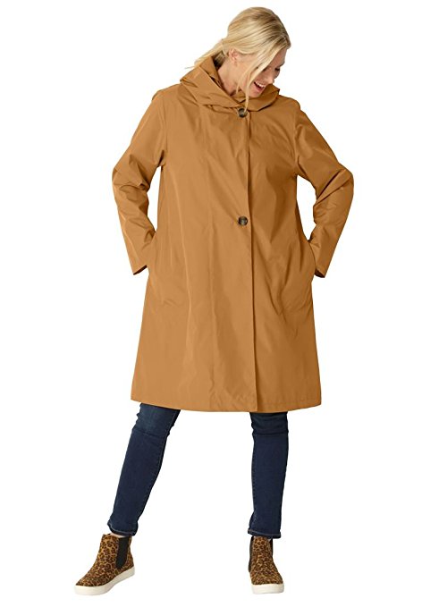 Women's Plus Size Packable Water-Resistant Hooded Raincoat With Zip Bag