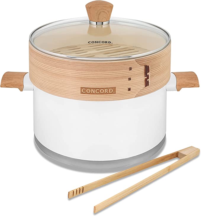 CONCORD 10" Stainless Steel Steamer Pot with Natural Bamboo Steamer 24 CM Steaming Cookware (Snow/Bamboo)