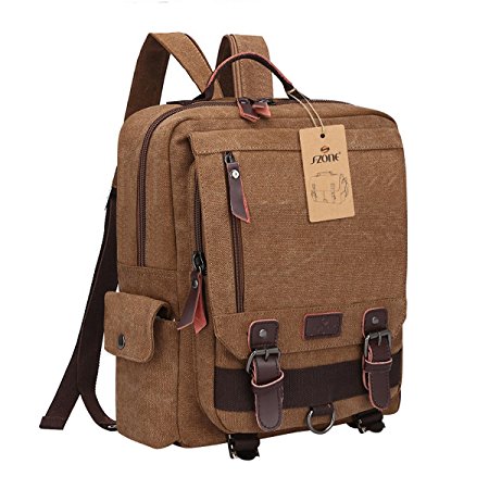 S-ZONE Sling Canvas Cross Body 13-inch Laptop Messenger Bag Shoulder Backpack (Coffee-Zipper Shoulder)