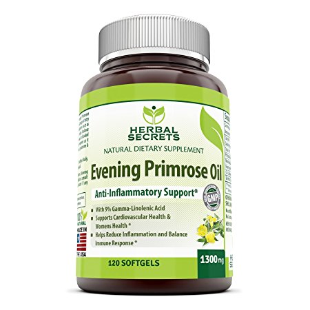 Herbal Secrets Evening Primrose Oil Supplement - High Potency- Contain 9% Gamma Linoleic - 1300mg per Softgels - 120 Easy to Swallow Softgels Per Bottle