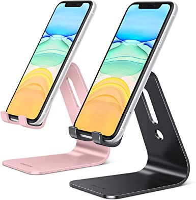 [2 Pack] OMOTON Cell Phone Stand, Upgraded Aluminum Cell Phone Holder Phone Cradle with Protective Pads for iPhone 11 Pro Max, 11 XR XS 8 Plus SE , iPad Mini and Android Phones (Rose Gold   Black)
