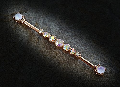 Rose Gold Rhinestone Industrial Barbell White Opal Ends 14ga Surgical Stainless Steel Body Jewelry Scaffold Bar Active
