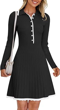 MEROKEETY Women's Long Sleeve V Neck Sweater Dress 2024 Fall Button Ribbed Knit Pleated Mini Dresses