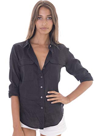 CAMIXA Womens 100% Linen Button Down Shirt Casual Basic Blouse Pockets Loose Top