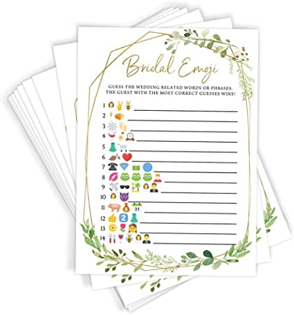 Emoji Bridal Shower Game, Set of 50 Cards, Gold Greenery Emoji Pictionary Activity, Fun, Unique and Easy to Play