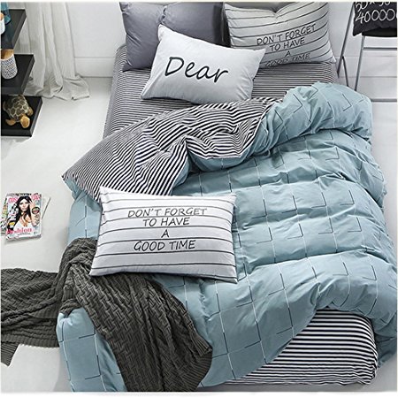 InfiniteS 3 Pieces Reversible Duvet Cover Set 100 Cotton with Stripe and Light Green Printed Cover Bedding Set Full/Queen Size 3 pcs