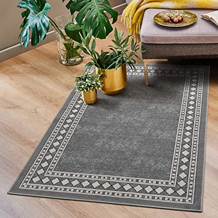 Antep Rugs Alfombras Modern Bordered 2x4 Non-Skid (Non-Slip) Low Profile Pile Rubber Backing Kitchen Area Rugs (Gray, 2'3" x 4')