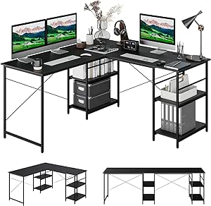 COSTWAY Bureau d'ordinateur en Forme de L, Bureau d'angle Convertible de 151cm 4 Étagères de Rangement Support CPU, 2 Façons d’Assembler, Charge 180 kg pour Bureau à Domicile (Noir)