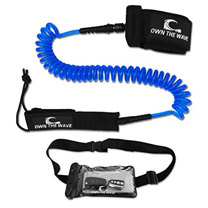 PREMIUM SUP Leash 10' COILED by Own the Wave - plus FREE Waterproof Wallet - Double Stainless Steel Swivels and Triple Rail Saver