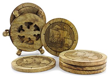 Wooden Sailing Ship Drink Coasters (Set of 6); Nautical Clipper Ship Distressed Driftwood Color w/ Ship's Wheel Wood Holder