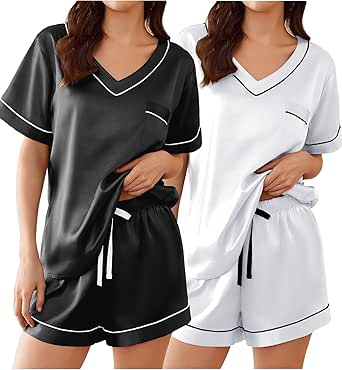 Ekouaer 2 Pack Silk Pajamas for Women Short Sleeve Satin Pj Set Soft V neck Sleepwear Loungewear, S-XXL