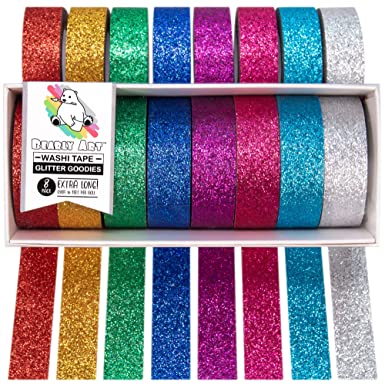 Bearly Art Washi Tape - Glitter Goodies - Glitter Decorative Tape Set for DIY Crafts - Scrapbooking and Paper Crafts - 8 Colors Extra Long Rolls - 15mm Wide and 5m Long
