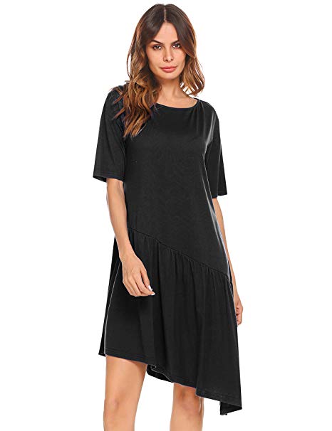 Beyove Women's Flare Half Sleeve Striped Loose Tunic T Shirt Dress Knee Length