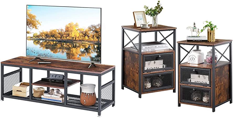 VECELO TV Stand up to 55 Inches Entertainment Center Media Console Open Storage, 47 Inch, Rustic Brown Black & Modern Nightstand, End Table,Set of 2,Retro Brown