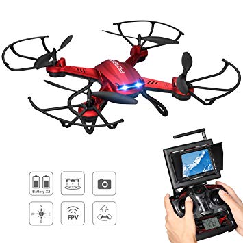 Drone with Camera, Potensic F181DH Drone RC Quadcopter RTF Altitude Hold UFO with Newest Hover Function,2MP Camera& 5.8Ghz FPV LCD Screen Monitor(Red)