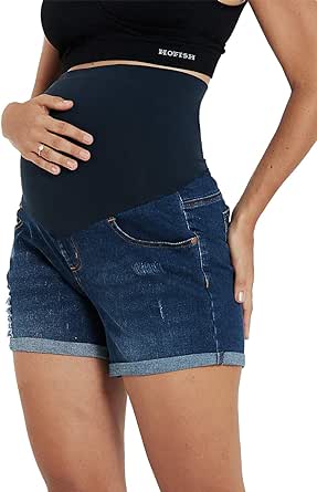 HOFISH Women's Stretchy Maternity Jeans Shorts Over The Belly Comfy Denim Shorts Pants Casual Workout Pregnancy Shorts