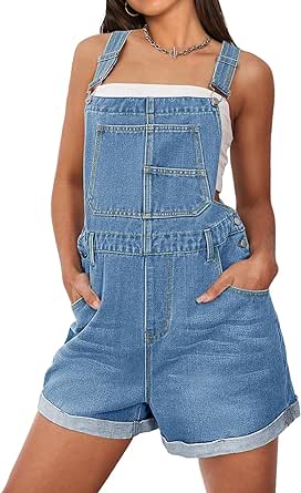 MEROKEETY Women's Denim Shortalls Adjustable Straps Bib Overalls Shorts Cuffed Jean Romper with Pockets