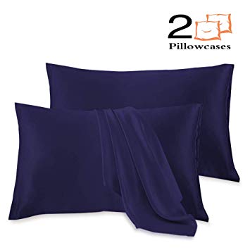 Leccod 2 Pack Silk Satin Pillowcase for Hair and Skin Cool Super Soft and Luxury Pillow Cases Covers with Envelope Closure (Navy Blue, Standard: 20x26)