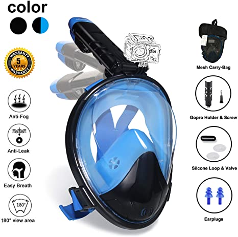 Full Face Snorkel Mask New Version 2.0, Ufanore Diving Mask Set, Foldable 180° Panoramic View, Free Breathing, Anti-Fog and Anti-Leak Snorkeling Mask with Gopro Mount, Easy to Adjust