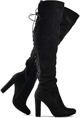 Zoe Stretch Thigh High Boots - Trendy Comfortable Block Heel - Over The Knee Pullon Sexy Back Lace Up