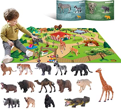 YouCute 15 Animal Toys for Boys Realistic Safari Animals Farm Zoo Educational Toy Gift with Play Mat for 2 3 4 5 6 7 Year Old Girls Toddlers Kids