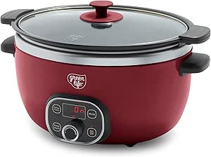 GreenLife 6 Quart Ceramic Slow Cooker, PFAS-Free, Programmable, Removable Healthy Nonstick Pot, Large Families, Sear on Stovetop, Keep Warm, Digital Timer, Dishwasher Safe Glass Lid & Crock, Red