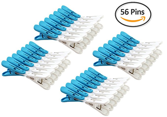 Tenby Living Spring Clothespins (Pack Of 56) - Plastic Soft Grip, Anti-Slip Clothes Pins With Sturdy Steel Springs - 28 Blue & 28 White Attractive Clothing Line Clips - Top Air-Drying Clothing Pin Set