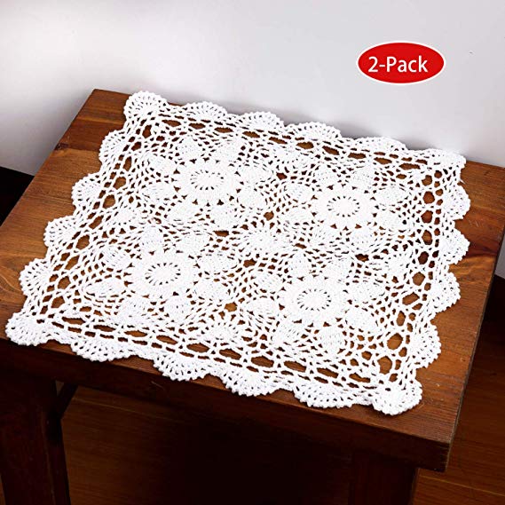 EiYYA 2-Pieces Handmade Cotton Crochet Placemats Lace Table Doilies Square 16 x16inch (White)